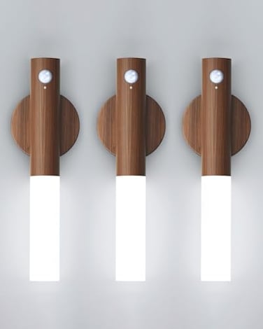 iThird BatteryOperated Wall Sconce Wall Lights 2200mAh Rechargeable Motion Sensor Magnetic Wireless Stairway Lights Portable Hallway Light Wooden Wall Lighting for Bedroom StairWhite Light