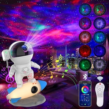FlyLily Astronaut Galaxy Projector for Bedroom Star Projector Galaxy Light with App Remote Control White Noises Bluetooth Speaker Rocket Night Light for Kids Ceiling Gifts Room Decor