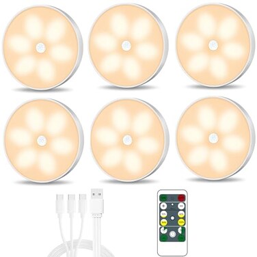 Lightbiz Warm Color LED Closet Lights Motion Sensor Puck Light USB Rechargeable Battery Operated Puck Step Lights Dimmable Under Cabinet Lighting for Counter Wardrobe Kitchen 6 Pack