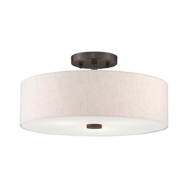 Livex Lighting 5213592 Meridian Collection 3Light Semi Flush Mount Ceiling Fixture with Oatmeal Color Fabric Hardback Drum Shade and Satin White Diffuser English Bronze