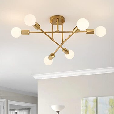 YXTH Semi Flush Mount Ceiling Light Fixture 6 Lights Modern Sputnik Chandelier Ceiling Lamp with E26 Bulb Base Light Fixtures Ceiling Mount for Bedroom Kitchen Living Room Hallway Gold