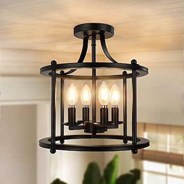 Bosceos Farmhouse Semi Flush Mount Ceiling Light Fixture 4Light Industrial Ceiling Light w E12 Base Metal Rustic Vintage Chandelier Lighting for Kitchen Dining Room Hallway Entryway Foyer Matte Black