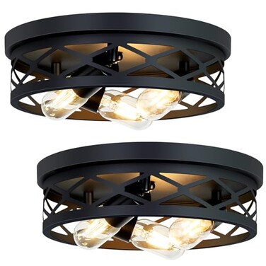 XPEHK 13in 3Light Farmhouse Flush Mount Ceiling LightBlack Metal Cage DesignE26 Base Ceiling Fixtures for Kitchen Hallway Entryway 2 Pack