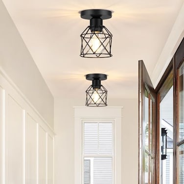 FadimiKoo 2Pack Farmhouse Semi Flush Mount Ceiling Light Black Hallway Light Fixtures Ceiling Mount Small Metal Cage Indoor Ceiling Lamp for Kitchen Porch Bedroom LED Bulbs Included