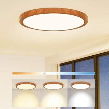 CAMCLIM Light Fixtures Ceiling Mount 12 Inch 24W Wood Grain LED Ceiling Light 3000K4000K6000K Selectable Flat Low Profile Round Ceiling Lights for Bedroom Laundry Closet Hallway Walnut