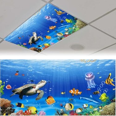 FALE QTUOM 2 pcs Sea Life World Fluorescent Light Cover for Classroom Magnetic Fluorescent Light Cover for Office Classroom Home Ceiling 4 X 2 feet
