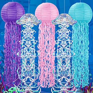 Geosar 5 Pcs Jellyfish Decor with Mermaid Hanging Lanterns for Under The Sea Party Decorations Mermaid Trunk or Treat Car Decorations Kit