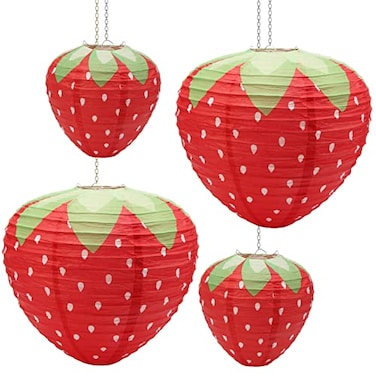 Windspeed 4Pcs Strawberry Paper Lanterns Large Strawberry Paper Lantern Hanging Decor 3D Strawberry Decoration Hanging For strawberry Birthday party decorations 8 inch 12 inch red