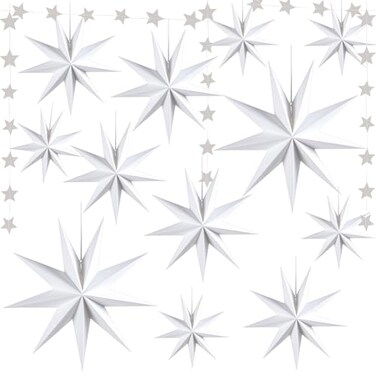 WNSIRVY 12 Pack 9Pointed Large 3D Paper Star Lanterns with Star Garland Hanging Lanterns Lampshade for Themed Party Home Wedding Birthday Decorations White