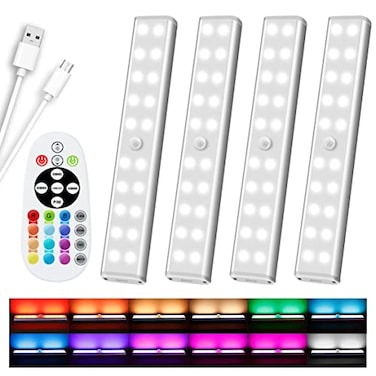 Diomart 48 LED Under Cabinet Lighting Wireless 15 Colors Changeable Rechargeable RGB Under Cabinet Lights Remote Control Under Counter Lights Mini Night Light Bar for Indoor Display Shelf 4 Pack