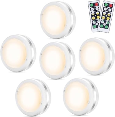 Bawoo LED Puck Lights 6 Pack Remote Control Warm White Brightness Dimmable Battery Powered Touch Closet Cupboard Kitchen Wardrobe Lights