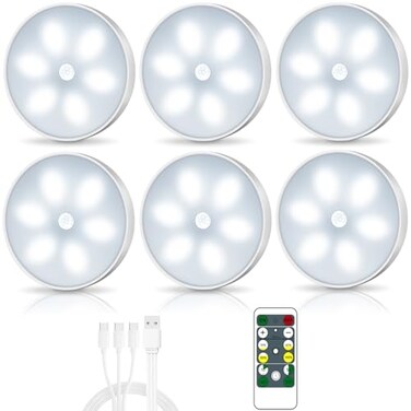 Lightbiz LED Closet Lights Wireless Motion Sensor Puck Light Newest Version USB Rechargeable Dimmer Step Light with Remote Night Safe Lighting for Under Cabinet Counter Kitchen Hallway Stairs 6 Pack