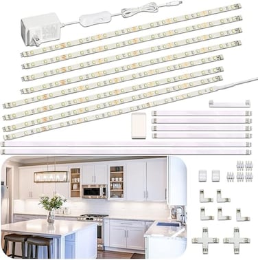 WOBANE LED Display Light Kit Set of 8x12 inch LED Strip Bar Cabinet Lighting for Showcase BookshelfKitchen CounterShelvesRope Lighting with 24W Adapter6000K White DIY LampCross Light
