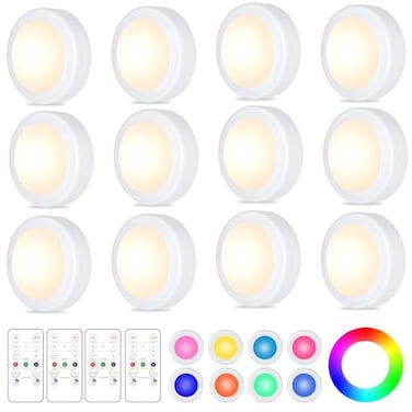 Yiliaw 12 Pack LED Puck Lights Remote Control 16 Color Changeable Under Cabinet Lights Battery Operated Lights Night Light with Dimmer Timmer for Closet Bedroom Kitchen White