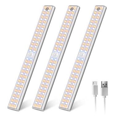 goodland Wireless Motion Sensor Light Indoor 80 LED Dimmable Closet Lights Rechargeable Under Cabinet Lighting Magnetic Stickon Under Counter Lights for Kitchen Wardrobe 3Pack