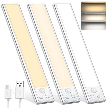 DEALGADGETS Under Cabinet Lights Motion Sensor 3 Color Temperatures LED Closet Light USBC Rechargeable Under Counter Lights Night Light for Kitchen Wardrobe Silver 3 Color 807 Inch 3 Pack