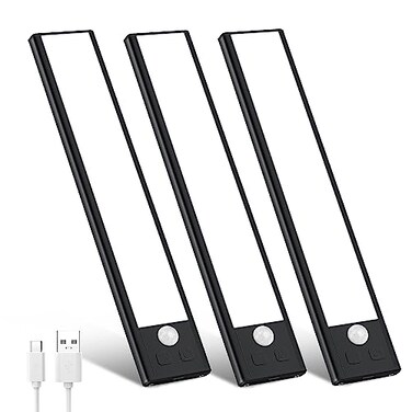 DEALGADGETS 3 Pack Under Cabinet Lights 32 LED Cold White Rechargeable Under Cabinet Lighting Motion Sensor LED Lights for Kitchen Counter Closet Stairs Black Cold White Light 807 Inch 3 Pack