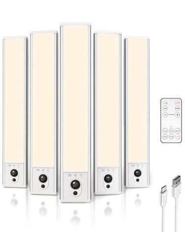 EZVALO 5Pack Under Cabinet Lighting 2400mAh Motion Sensor Light LED Closet Lights Wireless 3000K Dimmable Timer Magnetic with Remote Control for Kitchen Closet Stair