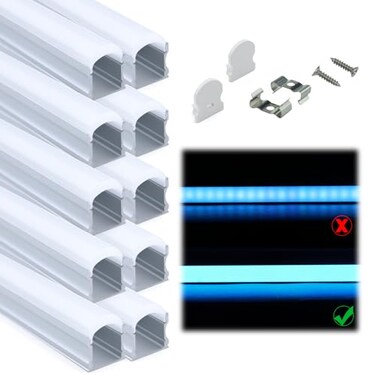 Muzata 10Pack 66FT2M Excellent Spotless LED Channel with Thicker Milky White Cover No Hot Spots Sliver Deeper LED Strip Diffuser Channel U108 WW 2M