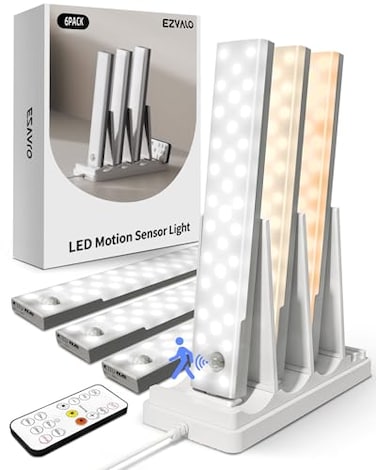 EZVALO 6Pack Under Cabinet Lighting with Charging Station 2000mAh Rechargeable Wireless Motion Sensor Lights 3 Color Temps Dimmable Timer Magnetic with Remote Control for Kitchen Closet Stair