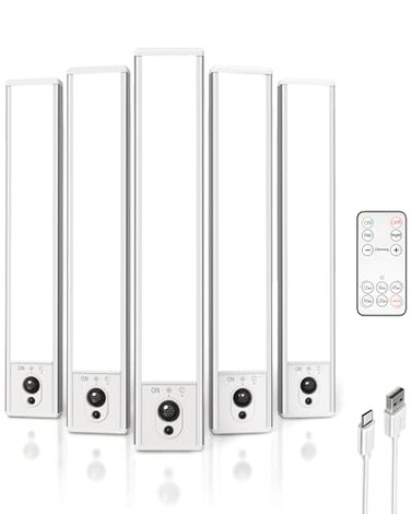 EZVALO 5Pack Under Cabinet Lighting 2400mAh Motion Sensor Light LED Closet Lights Wireless 6500K Dimmable Timer Magnetic with Remote Control for Kitchen Closet Stair