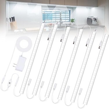 JUSJUBR 6PCS x 12 Inch Under Cabinet Lights Plugin Dimmable LED Under Cabinet Lighting Cold White 6000K UnderCounter Light Fixtures with Memory Function Under Counter LED Lights for Kitchen