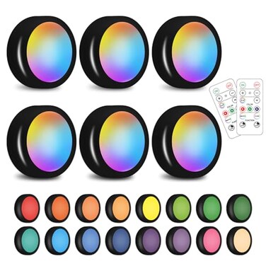 SIXDEFLY Wireless 16 Color Changing LED Puck Light 6 Pack LED Under Cabinet Lighting Closet Light Battery Powered Night Lights with Remote Control Dimmer Timing Function