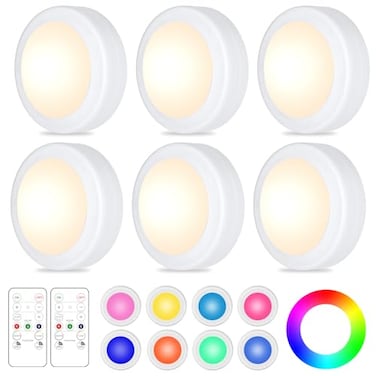 Yiliaw 6 Pack LED Puck Lights Remote Control 16 Color Changeable Under Cabinet Lights Battery Operated Lights Night Light with Dimmer Timmer for Closet Bedroom Kitchen White