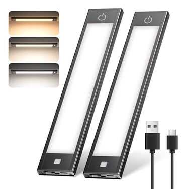 VST Under Cabinet Lighting Wireless 2 Pack Rechargeable 1800mAh Motion Sensor LED Closet Light 3 Color Temperature Dimmable Magnetic Step Night Light for Kitchen Stairs Wardrobe