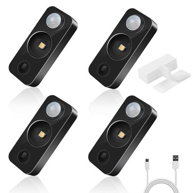 NIEGNOWOO LED Motion Sensor Puck Lights Rechargeable Cabinet Lights Stick on Wireless LED Night Light for Closet Drawer Shelf Under Cabinet Warm White 4Pack USB Charging Cord Included