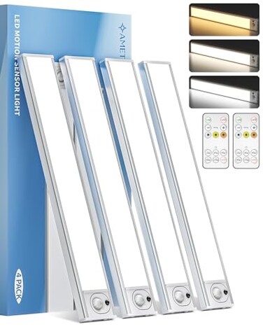 AMETHEUS 12inch Under Cabinet Lighting with Remote 2400mAh Rechargeable Motion Sensor Light Indoor Wireless Closet Lights Dimmable 3 Color Temps Magnetic for Kitchen Stairs 4 Pack