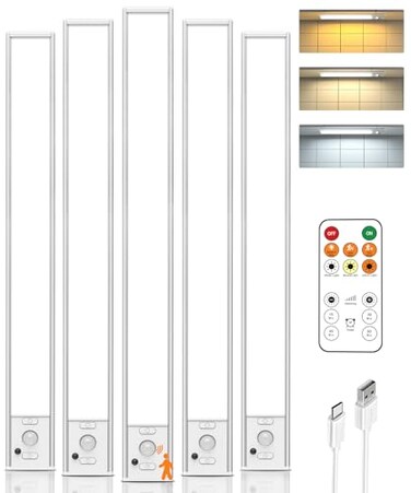 LENOMA 16in Under Cabinet Lighting with Remote LED Motion Sensor Light Indoor Rechargeable Closet Lights Wireless Dimmable 3 Color Temps Magnetic Under Counter Lights for Kitchen Pantry Stair 5 Pack