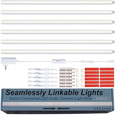 CULAVON Under Cabinet Lights Plug in Seamlessly Linkable 12 Inch 6 BarsSwitchExtensions Under Counter Lighting for Kitchen Closet Gun Safe Shelf Display Case LED 5000k Daylight