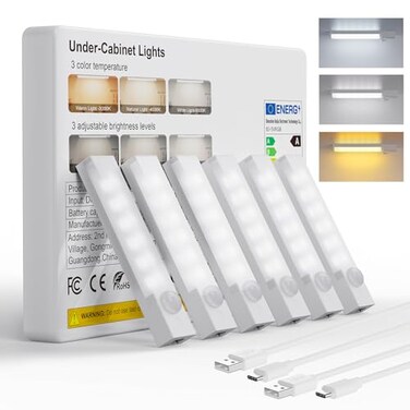 Rihvy Under Cabinet Lighting 4 Inches Rechargeable Motion Sensor Light Indoor 3 Color Dimmable Closet Light Battery Operated USB Stick on LED Magnetic Under Counter Lights for Kitchen Stair 6 Packs