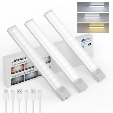 Rihvy Under Cabinet Lighting 8 Inches Rechargeable Motion Sensor Light Indoor 3 Color Dimmable Closet Light Battery Operated USB Stick on LED Magnetic Under Counter Lights for Kitchen Stair 3 Packs