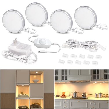 WOBANE Dimmable LED Puck Lights Under Cabinet Lighting with Switch Plug in Under Counter Lighting for Shelf Closet Cupboard Bookcase Display Super Bright 2700K Warm White 4 Pack