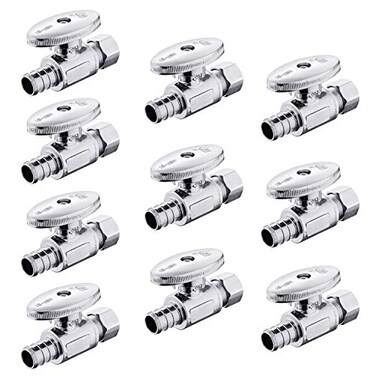 EFIELD Pack of 10 14 Turn Straight Stop Valve 38 OD Compression X 12 Crimp Barb Pex Chrome Plated BrassVALVE08510PCS