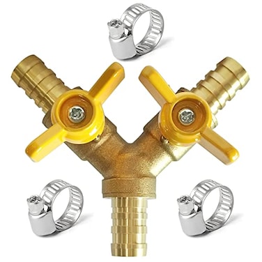 Uenede Brass 34 Inch 3way Yshaped Shutoff Ball Valve with 2switch 34 Hose Barb Include 3 Stainless Steel Clamps Hose Pipe Barb Fitting for WaterOilGas