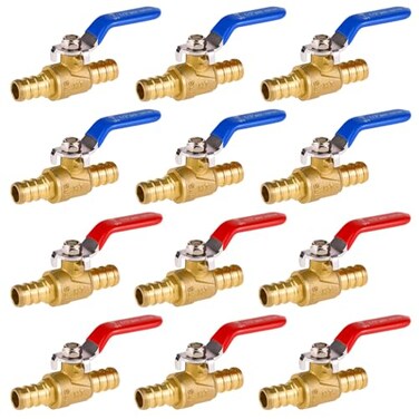 Horiznext pex valves 12 inch brass full port shut off valve kit with barb crimp rings for water pipes garden hose air line 6 red 6 blue