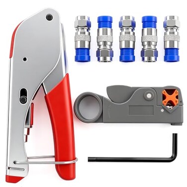 mxuteuk RG59 RG6 Coax Cable Crimper Tool Coaxial Compression Tool Fitting Wire Stripper With 5PCS F Type RG6 Compression Connectors