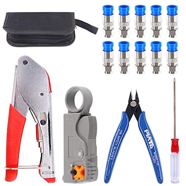 Glarks Coax Cable Crimper Tool Kit RG6 RG59 Coaxial Compression Crimping Tool Double Blades Cable Stripper and Wire Cable Cutter with 10pcs F Compression Connector for Cable TV Video Audio