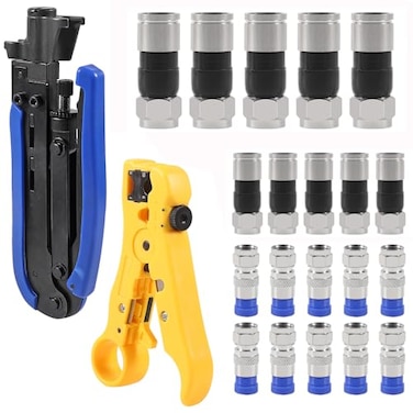 Shutao 20Pcs F Type RG6 Compression Connectors Coaxial Cable Crimper Kit with Wire Stripper Repair Tool Compatible with RG59 RG6 RG11 Compatible Adjustable Tool for Satellite TV Home Use