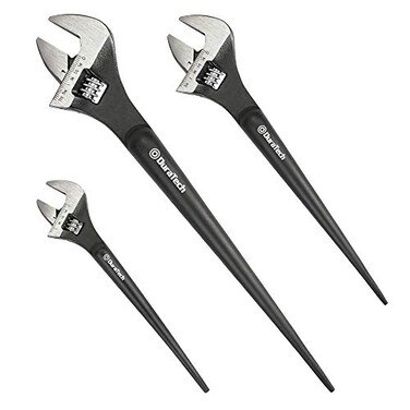 DURATECH 3Piece Adjustable Construction Spud Wrench Set 8inch 10inch 12inch Black Oxide Finish CRV Steel SAE and Metric Scale Marked Alignment Holes and Tail Crowbar Features
