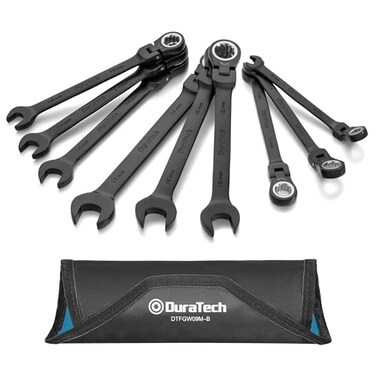 DURATECH 9Piece FlexHead Ratcheting Wrench Set Combination Wrench Set 72 Tooth Metric 8 10 11 12 13 14 15 16 17mm Black Electrophoretic Coating CRV Steel with Rolling Pouch