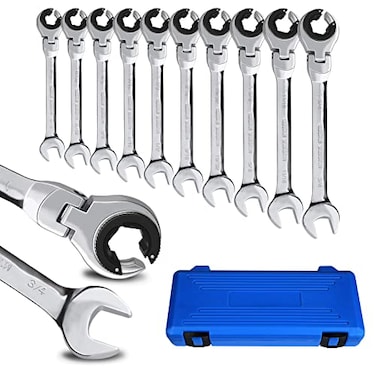LOSCHEN SAE FlexHead Ratcheting Wrench Combination Wrench Set 10 PcsSet with 72 Teeth Chrome Vanadium Steel Tubing Ratchet SpannerUS and European Patents