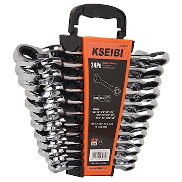 KSEIBI 123975 Ratcheting Wrench Set 24 Piece Chrome Vanadium Steel Ratchet Combination Spanners Kit with Storage Keeper Rack SAE 1778inch Metric 819mm