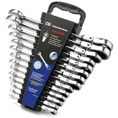 Prostormer Flex Head Ratcheting Wrench Set SAE 147814Piece Chrome Vanadium Steel Combination Wrench Set with Rack
