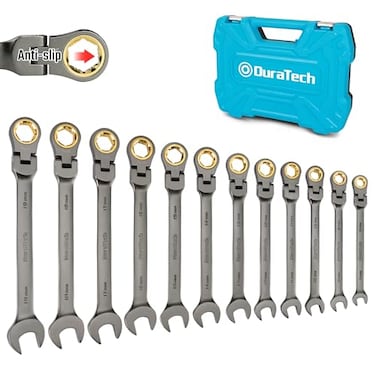 DURATECH AntiSlip FlexHead Ratcheting Wrench Set Combination Wrench Set 12Piece 72Tooth Metric 819 mm CRV Steel Organized in Storage Case
