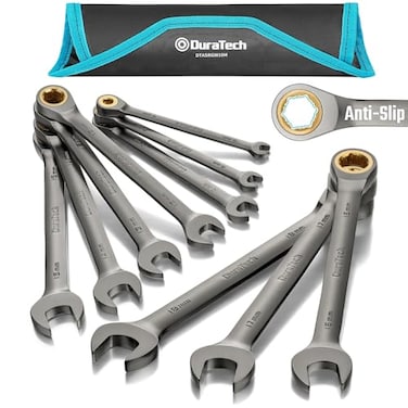 DURATECH AntiSlip Ratcheting Wrench Set Combination Wrench Set 10Piece Metric 618mm 72Tooth Nickel Plating CRV Steel with Pouch