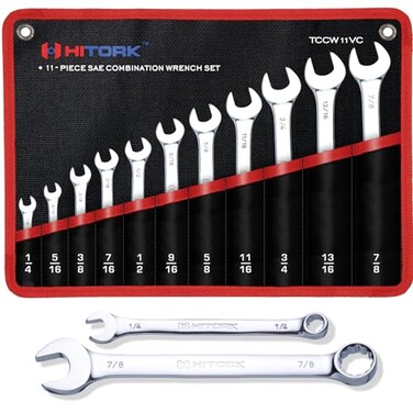 Hitork 11 Piece Combination Wrench Set with Roll Pouch SAE Sizes 14 78 Drop Forged CrV Steel Chrome Plated Mirror Finish 12 Point Box End 15 Offset Exceeds ANSI Standards